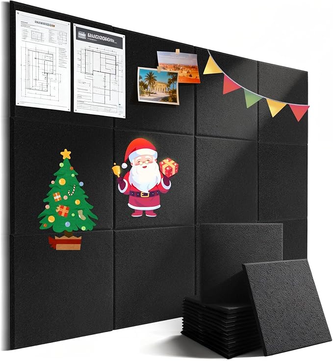 12 Pack Cork Boards for Walls, 48" x 36" Large Felt Wall Tiles, Black Bulletin Board Paper with Safe Removable Adhesive Tabs, Pin Corkboard for Office Home Decor