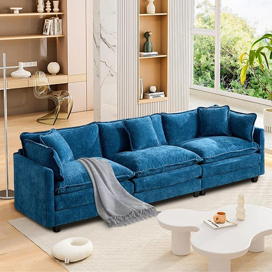 SoarFlash 113.78" Chenille Sectional Sofa, Comfy Modular Loveseat Sofa, Modern 3-Seat Couch Deep Seat Sofa Set for Living Room,Blue