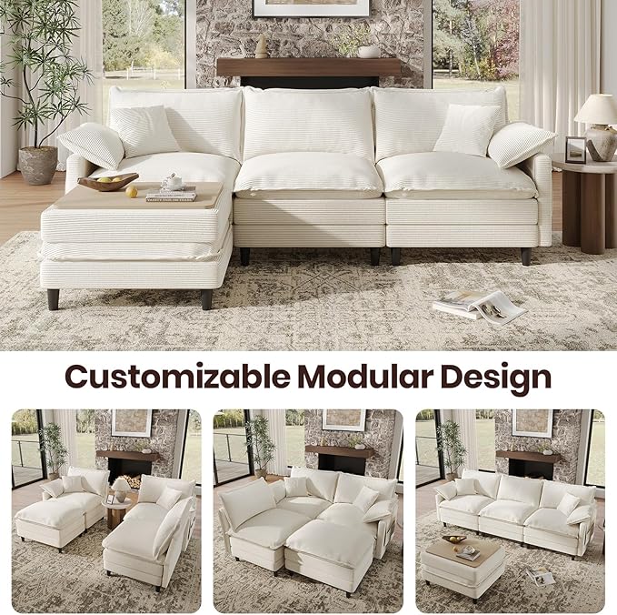 108" L Shaped Modular Sectional Cloud Couch with Ottoman, Snap-on Easy Installation 3 Seater Deep Seat Sofa with Storage Bag and Coffee Table for Living Room, Corduroy, Beige