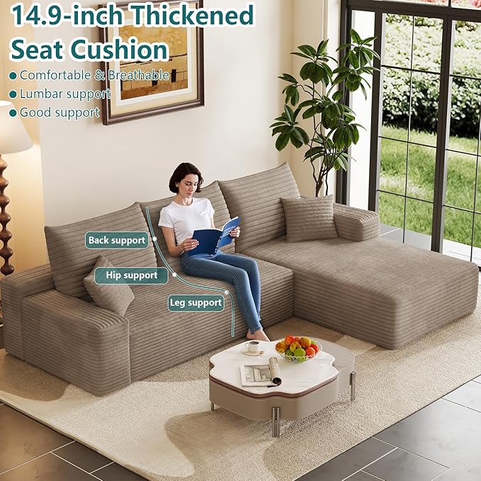 95" Modular Sectional Couch, Boneless L Shaped Cloud Sofa with Chaise Lounge, Corduroy Upholstered Couches Memory Foam Deep Seat, No Assembly Required, Ideal for Living Room(Camel, Right Facing)