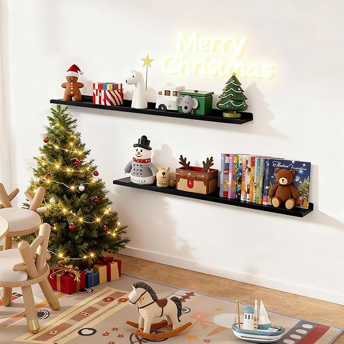 Love-KANKEI 48 Inch Long Floating Shelves Wall Mounted Set of 2, Large Wood Wall Shelves for Storage, Rustic Hanging Shelves for Display,Bedroom Living Room Bathroom Kitchen Office Black