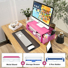 OPNICE Desk Organizer and Accessories, 2-Tier Computer Monitor Stand with Drawer and 2 Pen Holders, Laptop Stand, Office Desk Accessories for Office Supplies, Carmine Rose