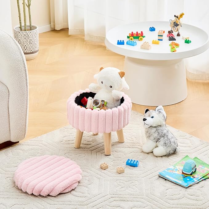 Wimarsbon Storage Ottoman,Soft Faux Fur Footstool with Padded Seat, Small Reading Vanity Chair, Footrest with Wood Tray for Couch, Mini Coffee Table or Display Stand (Pink, Round Storage)