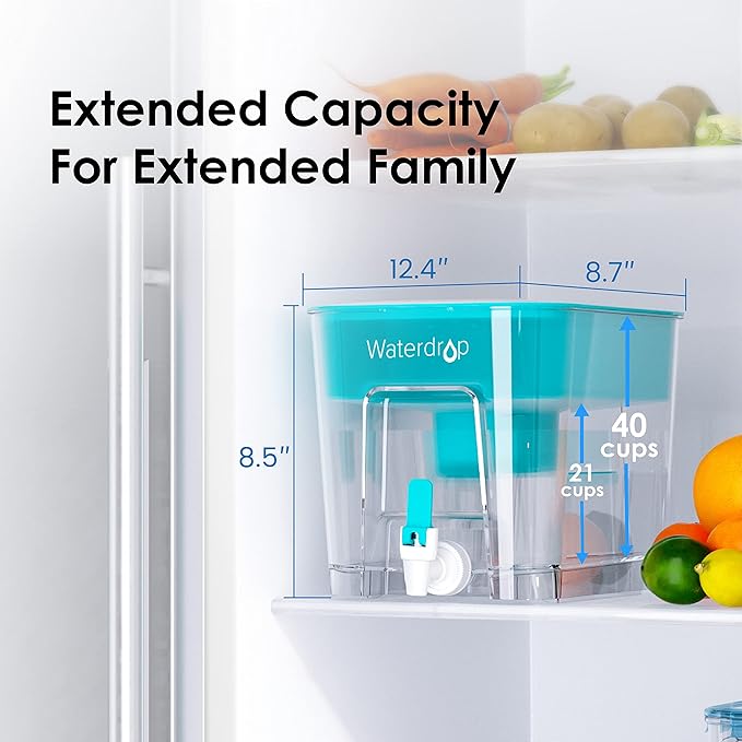 Waterdrop 200-Gallon Long-Life 40-Cup Large Water Filter Dispenser with 1 Filter, Healthy Gift for Home and Office, 5X Times Lifetime, Reduces Chlorine, PFOA/PFOS and More, BPA Free, Turquoise