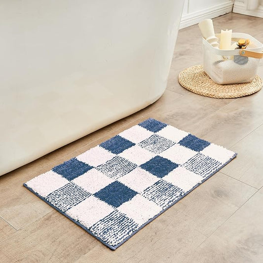 CozeCube Bath mats for Bathroom Non Slip, Fluffy Absorbent Microfiber Bath mat Washable, Aesthetic Bathroom Rugs, Cute Navy Blue Checkered Bath mat, Navy Blue, 32" x 20"