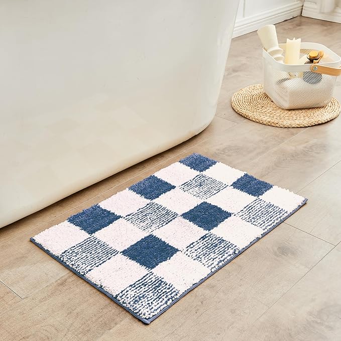 CozeCube Bath mats for Bathroom Non Slip, Fluffy Absorbent Microfiber Bath mat Washable, Aesthetic Bathroom Rugs, Small Navy Blue Checkered Bath mat, Navy Blue, 24" x 16"
