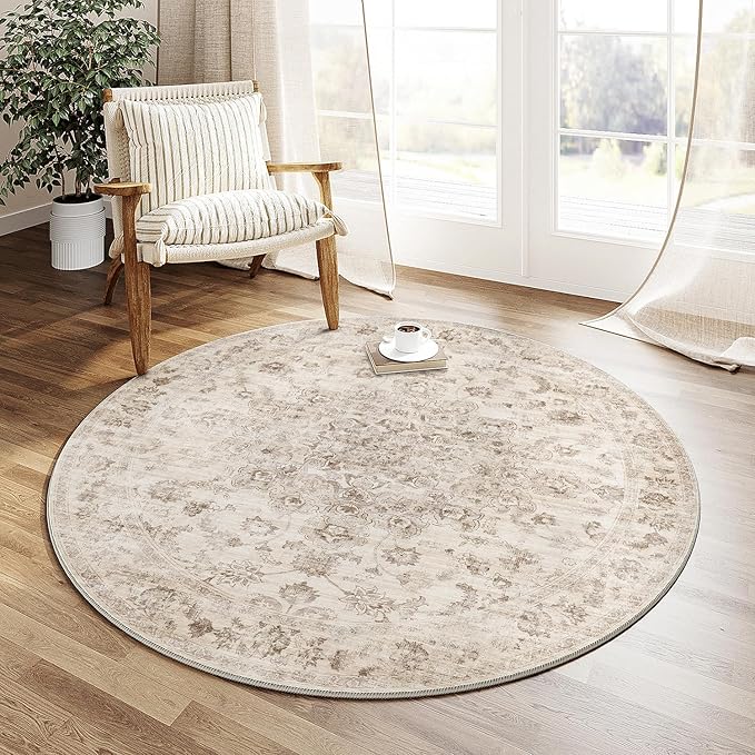 4x4 Washable Neutral Round Rug Beige Vintage Entryway Kitchen Cirlce Rug Non-Slip Soft Low Pile Floral Indoor Carpet for Entrance Bathroom Dining Room