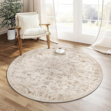 3x3 Washable Neutral Round Rug Beige Vintage Entryway Kitchen Cirlce Rug Non-Slip Soft Low Pile Floral Indoor Carpet for Entrance Bathroom Dining Room