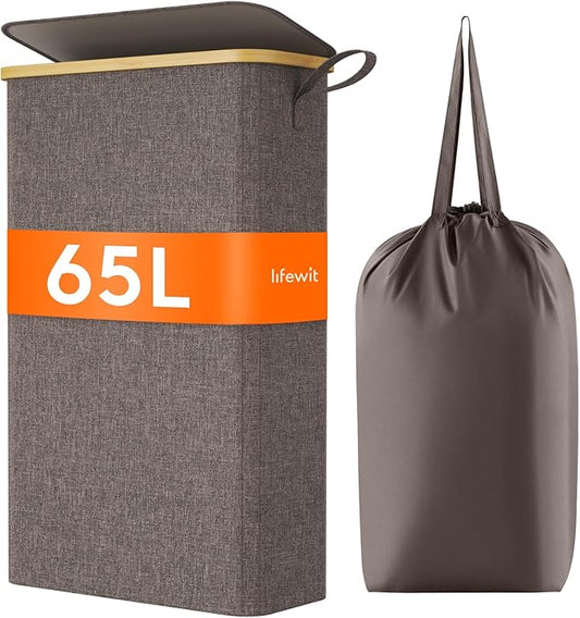 Lifewit 65L Slim Laundry Hamper with Lid, Narrow Laundry Basket with Removable Bag & Bamboo Handles, Fodable Thin Dirty Clothes Hamper for Laundry Collapsible Bin for Bathroom Bedroom Dorm, Brown