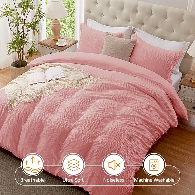 Cozyide Pink Duvet Cover Full Size, 3 Pieces Bedding Duvet Covers, Soft Breathable Seersucker Duvet Cover Set with Zipper Closure and Corner Ties (1 Duvet Cover 80"x90" + 2 Pillow Shams 20"x26")