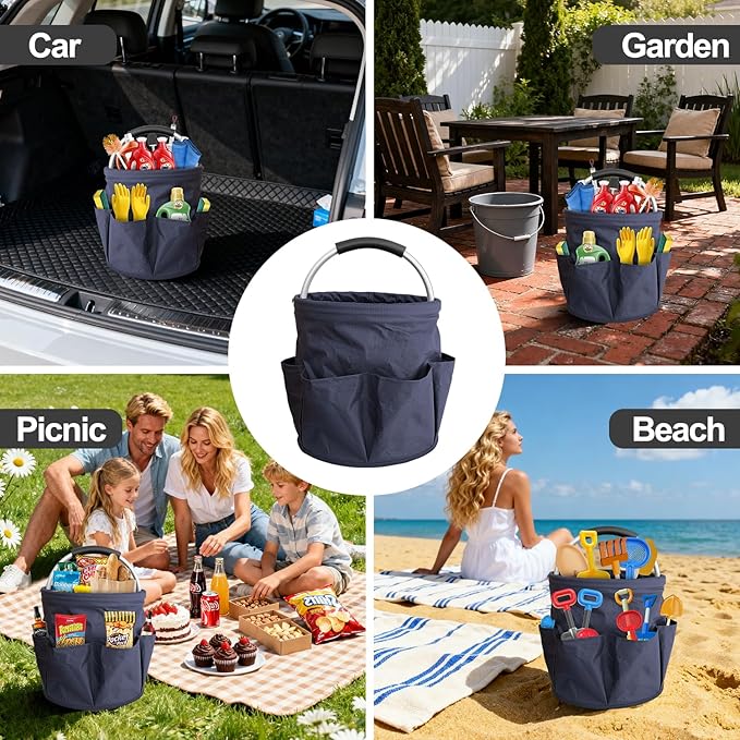 Bucket 17L Cleaning Organizer with Handle with 6 Pockets Foldable Storage Blue Portable Cleaning Bucket Bag Shower Box Home Garden Multifunctional Camping Storage Basket (Blue)