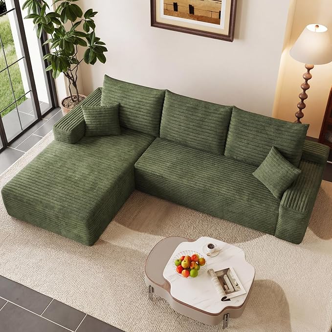 95" Modular Sectional Couch, Boneless L Shaped Cloud Sofa with Chaise Lounge, Corduroy Upholstered Couches Memory Foam Deep Seat, No Assembly Required, Ideal for Living Room(Green, Left Facing)