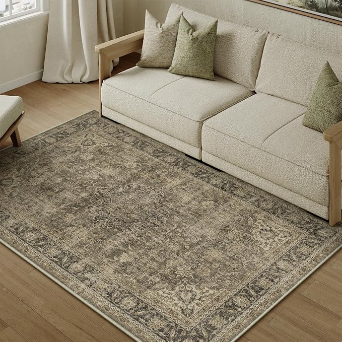 3x4 Washable Brown Area Rug Vintage Entryway Office Carpet Non-Slip Soft Low Pile Distressed Throw Rug for Entrance Living Room Bathroom Dining Room
