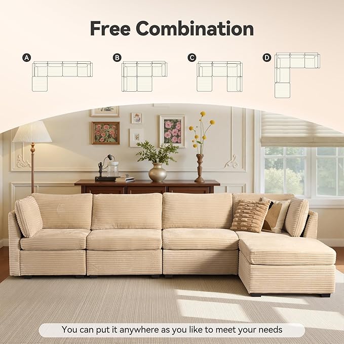 Modular Sectional Sofa,5 Pieces Sectional Couches for Living Room,131X65 L Shaped Cloud Couch with Ottoman Chaise Set