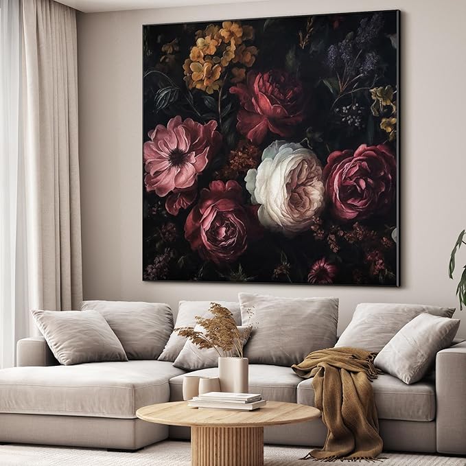 36"x36" Large Framed Wall Art - Vintage Dark Floral Romantic (Frame Assembly Required)