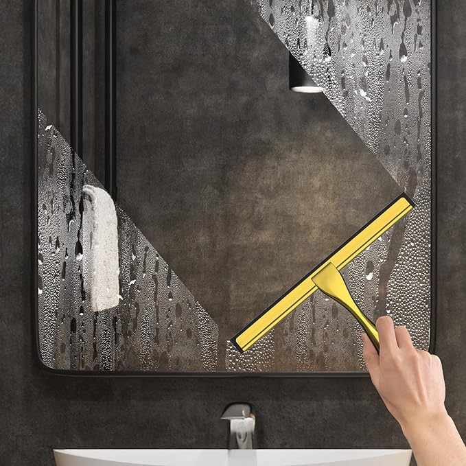All-Purpose Stainless Steel Shower Squeegee for Shower Doors with 2 Adhesive Hooks, Bathroom Cleaner Tool Household Window Mirror Squeegee for Home Cleaning, Glass Door, Tile Wall, Car, 10 Inch Golden