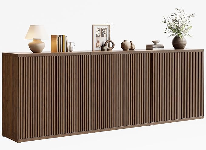 Fluted Buffet Cabinet Sideboard with Storage,Wooden Credenza with 2 Doors&Adjustable Shelve, Modern Accent Cabinets Coffee Bar Bookcase for Living Room,Kitchen Dining Room Entryway 15"D Brown