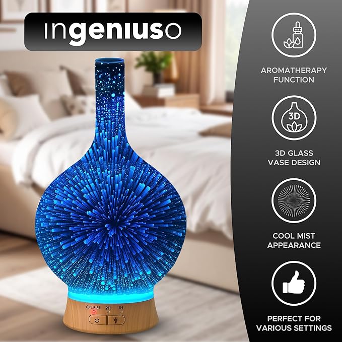 Aromatherapy Essential Oil Diffuser w/ 3D Glass Vase Cover & Colorful LED Light Display | Cool Mist Fragrance Diffuser for Bedroom, Large Room & Dorm | Auto Shut-Off Humidifier w/ 6 Essential Oils