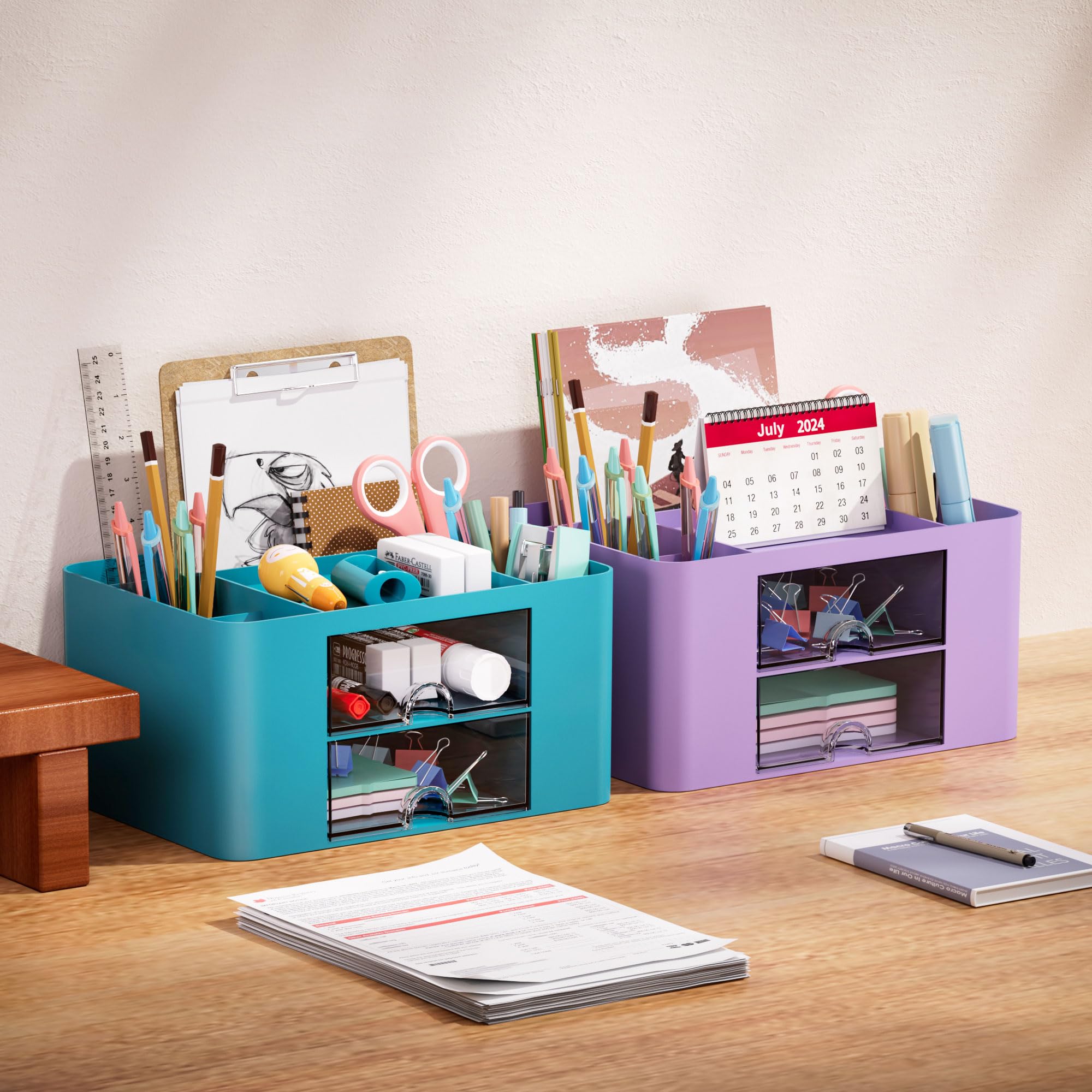 Marbrasse Pen Organizer with 2 Drawer, Multi-Functional Pencil Holder for Desk, Desk Organizers and Accessories with 5 Compartments + Drawer for Office Art Supplies (Blue) Dormly