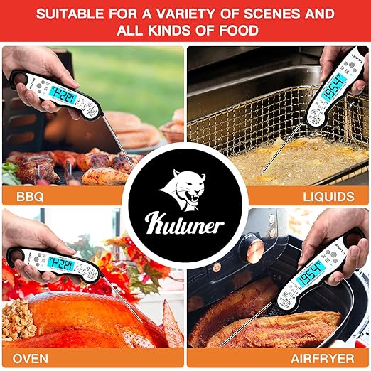 KULUNER TP-01 Waterproof Digital Instant Read Meat Thermometer with 4.6 Folding Probe Backlight Calibration Function for Cooking Food Candy, BBQ Grill, Liquids,Beef(White)