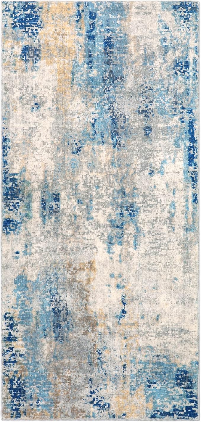 Lahome Modern Abstract Laundry Rug Runner, 2x4.3 Washable Throw Carpet Runner for Entryway, Soft Non-Slip Indoor Mat Runner Rug for Kitchen Master Bedroom Living Room Seat Door, Blue/Yellow/Ivory