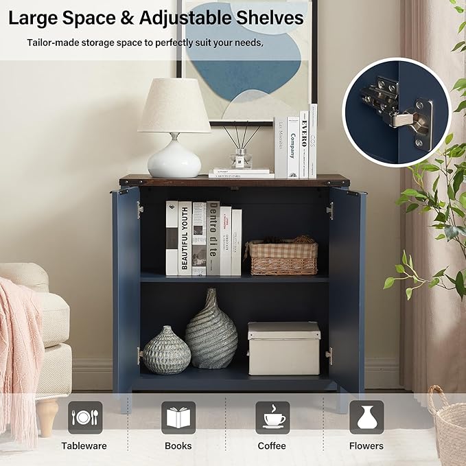32 Fluted Sideboard Storage Cabinet Buffet - 7-Level Adjustable Shelves, Modern Farmhouse Rustic Kitchen Console Accent Cabinets, Coffee Bar Table for Dining Room (Navy Blue)