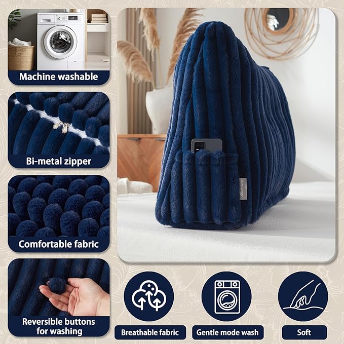 Headboard Pillow + A Long Neck Roll Pillow Body Pillow，Faux Fur Headboard Wedge Pillow with Removable Cover (Blue, Twin：39x8x20 inches)