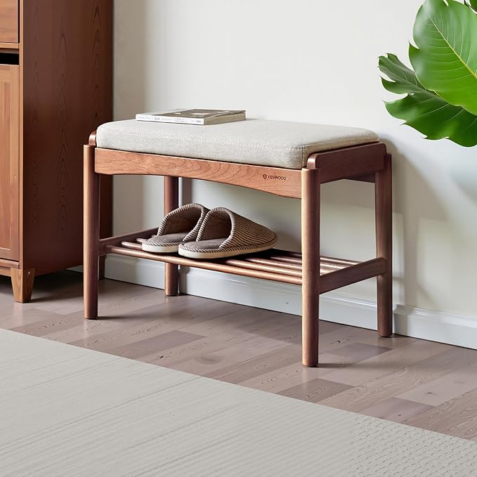 Solid Wood Shoe Bench Assembled, Shoe Rack Bench with Cushion for Entryway, Living Room, Bedroom, Hallway, 11.8" x 23.6" x 16.5", Walnut