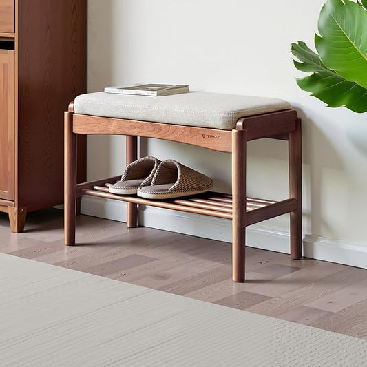 Solid Wood Shoe Bench Assembled, Shoe Rack Bench with Cushion for Entryway, Living Room, Bedroom, Hallway, 11.8" x 23.6" x 16.5", Walnut