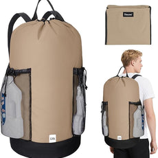 BALEINE 120L Laundry Bag Backpack, 900D Oxford Fabric Large Travel Laundry Bags with Shoulder Straps and 2 Mesh Pockets for College Dorm, Apartment, Laundromat (Khaki, 120L)
