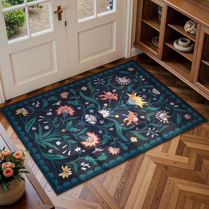 Lahome Boho Floral 2x3 Washable Kitchen Rugs for Entryway, Blue Door Mat Indoor Entrance, Small Soft Non-Slip Indoor Carpet Throw Rugs for Bathroom Laundry(Dark Blue,2x3)