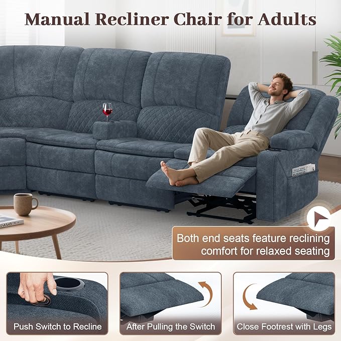 Manual Reclining Sectional Sofa Set, 7 Seats Soft Fabric Recliner Corner Sectional Couch, Family-Sized L-Shaped Recliner Couch with USB Charging, Thickened Padding, Sturdy Frame, Blue