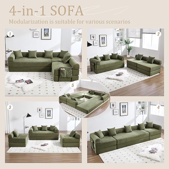 106" Oversized Convertible Sleeper Sofa Bed, Corduroy L Shape Sectional Couch, Folding Sofa Bed with Side Pocket, Modern Cloud Floor Mattress Couch, Modular Sofa for Living Room, Olive Green