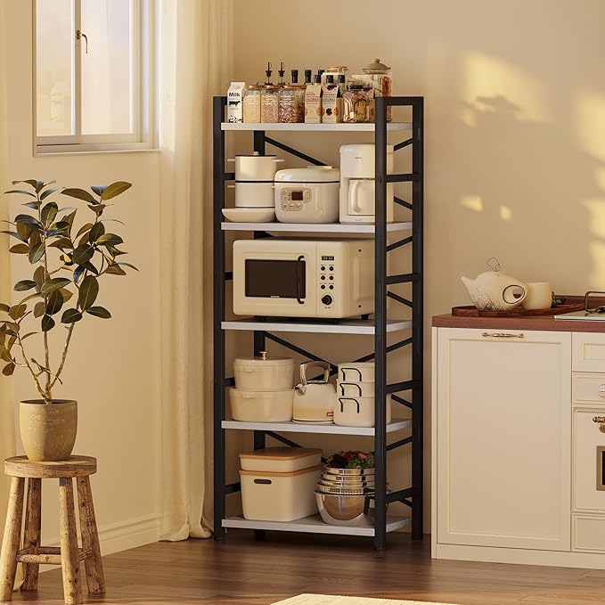 Homeiju Organization and Storage, 5 Tier Bookshelf, Tall Bookcase with Shelves, Wood and Metal Book Shelf Storage Organizer, Industrial Display Standing Shelf Unit for Bedroom, White