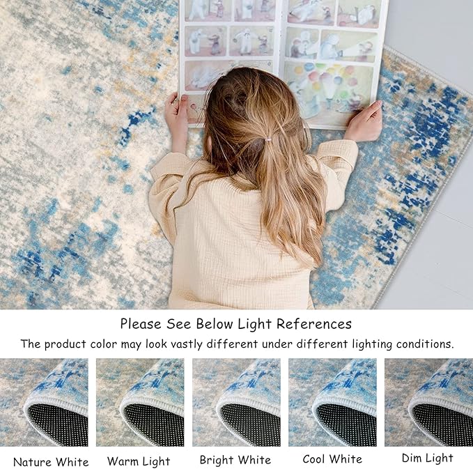 Lahome Modern Abstract Rug Runners for Hallways Non Slip, 2x7 Carpet Runner Rug for Kitchen Non Skid Washable, Soft Floor Mat for Bathroom Bedside Entrance RV, Blue/Yellow/Ivory