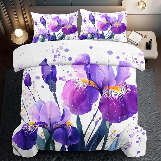 Purple Floral Comforter Set Queen Size Woman,Purple Iris Comforter for Girls,Pink Flower Bedding Set Queen Bedroom Decor,Floral Bedding Quilt Bed Decor Pink for Kids and Adults