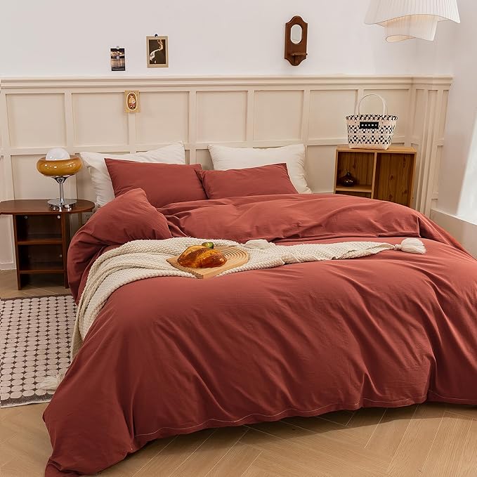 ECOCOTT Duvet Cover Queen Size - Linen Feel Organic Natural 100% Washed Cotton, Soft Breathable 3 Pieces Bedding Set with Zipper Closure, Burnt Brick Red