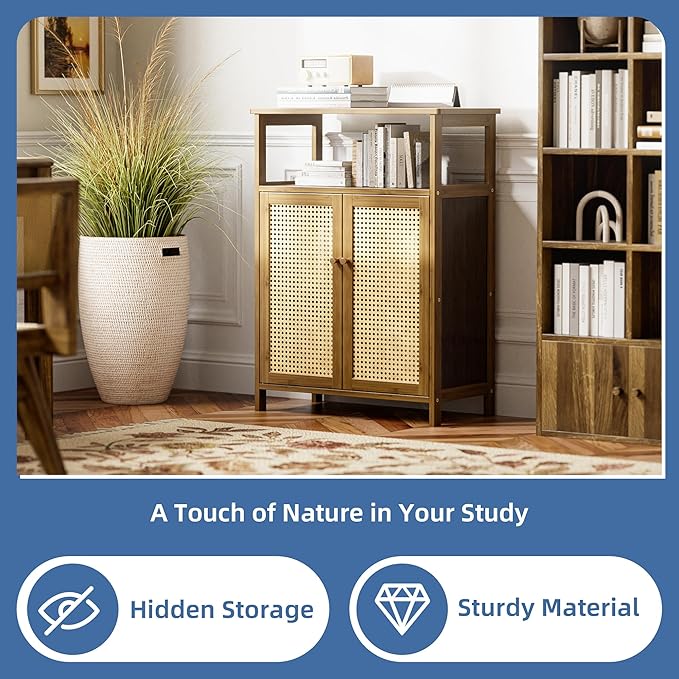 HITNET Rattan Bathroom Floor Cabinet, Freestanding Bamboo Storage Cupboard with 2 Doors, Living Room Sideboard, Space Saving, Walnut