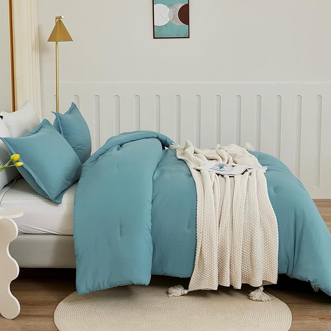 Litanika Comforter Set, Lightweight Solid Bedding Comforter Set, Fluffy Down Alternative Bed Set, Grayish Teal, Queen