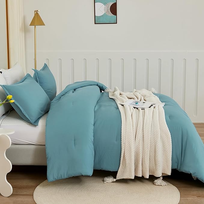 Litanika Comforter Set, Lightweight Solid Bedding Comforter Set, Fluffy Down Alternative Bed Set, Grayish Teal, Oversized Queen