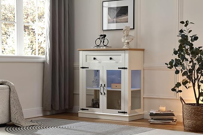 Modern 31.5'' Small Sideboard Buffet Cabinet with Storage,Small Coffee bar Cabinet with a Drawer and Adjustable Shelf,Glass Doors Sideboard Buffet with LED for Kitchen,Antique White