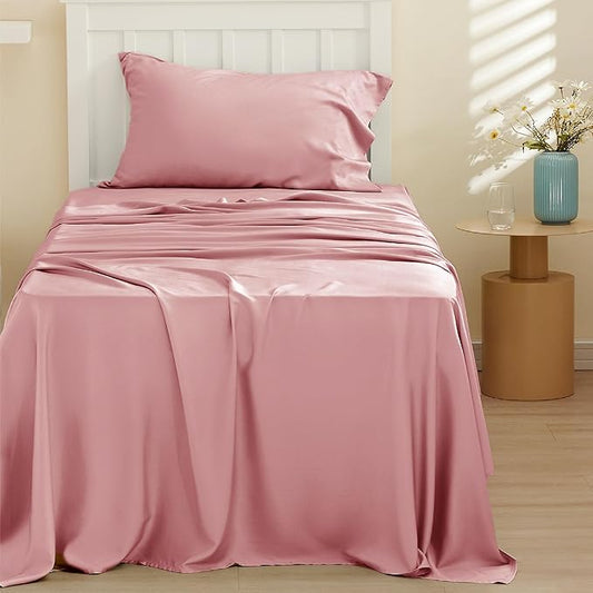 Bedsure Cooling Sheets Twin, Rayon Derived from Bamboo, Breathable & Soft Twin Sheets Set, Deep Pocket Up to 16 Inches, Hotel Luxury Silky Bedding for Hot Sleepers, Blush Pink