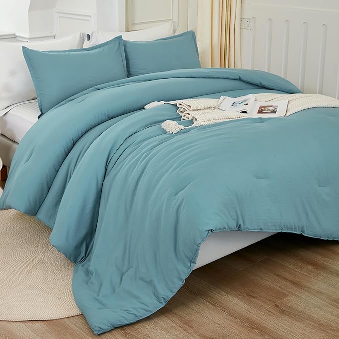 Litanika Comforter Set, Lightweight Solid Bedding Comforter Set, Fluffy Down Alternative Bed Set, Grayish Teal, Super King