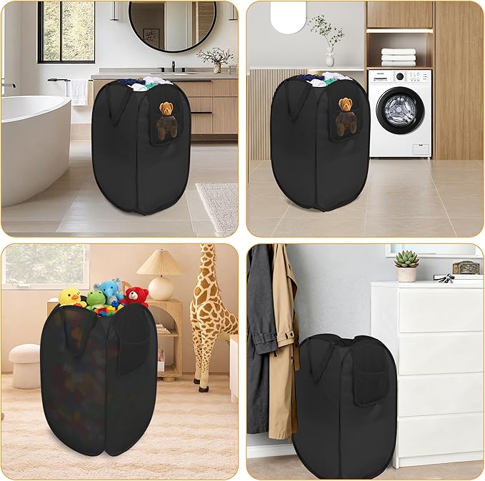 Pop Up Laundry Hamper with Side Pockets, Foldable Laundry Basket Reinforced, Privacy Protection Collapsible Basket, Sturdy and Lightweight Clothes Hamper for Dorm, Bedrooms, Bathrooms, Travel black