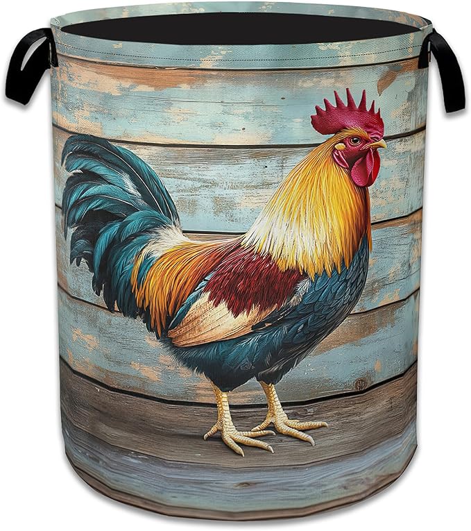 Rooster Laundry Basket,Foldable Oxford Cloth Vintage Wooden Board Laundry Hamper with Handles, 20.8"x16" Tote Bag Clothes Storage Bucket for Laundry Room/Bathroom/Bedroom/Dormitories