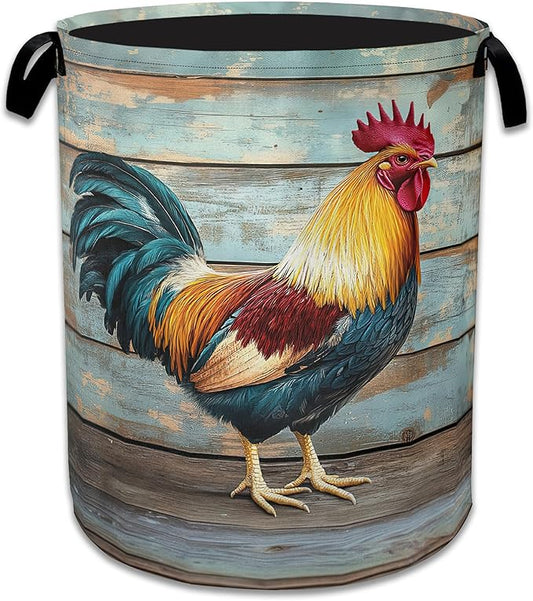 Rooster Laundry Basket,Foldable Oxford Cloth Vintage Wooden Board Laundry Hamper with Handles, 20.8"x16" Tote Bag Clothes Storage Bucket for Laundry Room/Bathroom/Bedroom/Dormitories