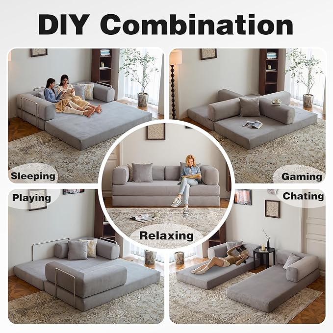 78.8" Convertible Sofa Bed - Compression Sofa with Corduroy Fabric - with Armrests and Backrest - Modular Sectional for Living Room, Bedroom, Studio - Compression Sofa in Box (Grey)