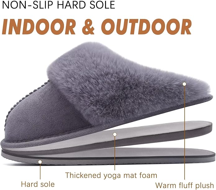 KuaiLu Womens Fluff Dual Memory Foam Slippers Ladies Cozy Arch Support Warm Scuff Slippers Slip on Comfy Winter House Shoes with Non-Slip Indoor Outdoor Hard Sole