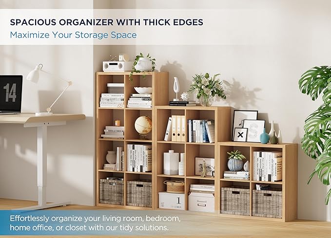 4 Cube Storage Organizer Single Row, Cube Shelf with Heavy-Duty Thick Boards, 13.31"L x 9.37"W x 48.82"H, Smooth Easy-Clean Panels, Simple Assembly, for Living Room Bedroom Office, Natural-Oak