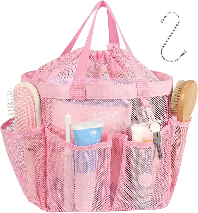 F-color Mesh Shower Caddy Portable with Drawstring - Upgrade Deeper 7 Pockets Dorm Room Essentials for Guys Girls with S Hook, Shower Bag Basket Tote for College Camping Toiletry Bathroom, Pink